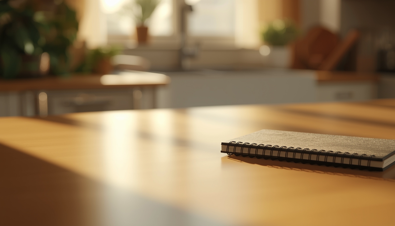 Soft morning light across a calm kitchen table with a notebook