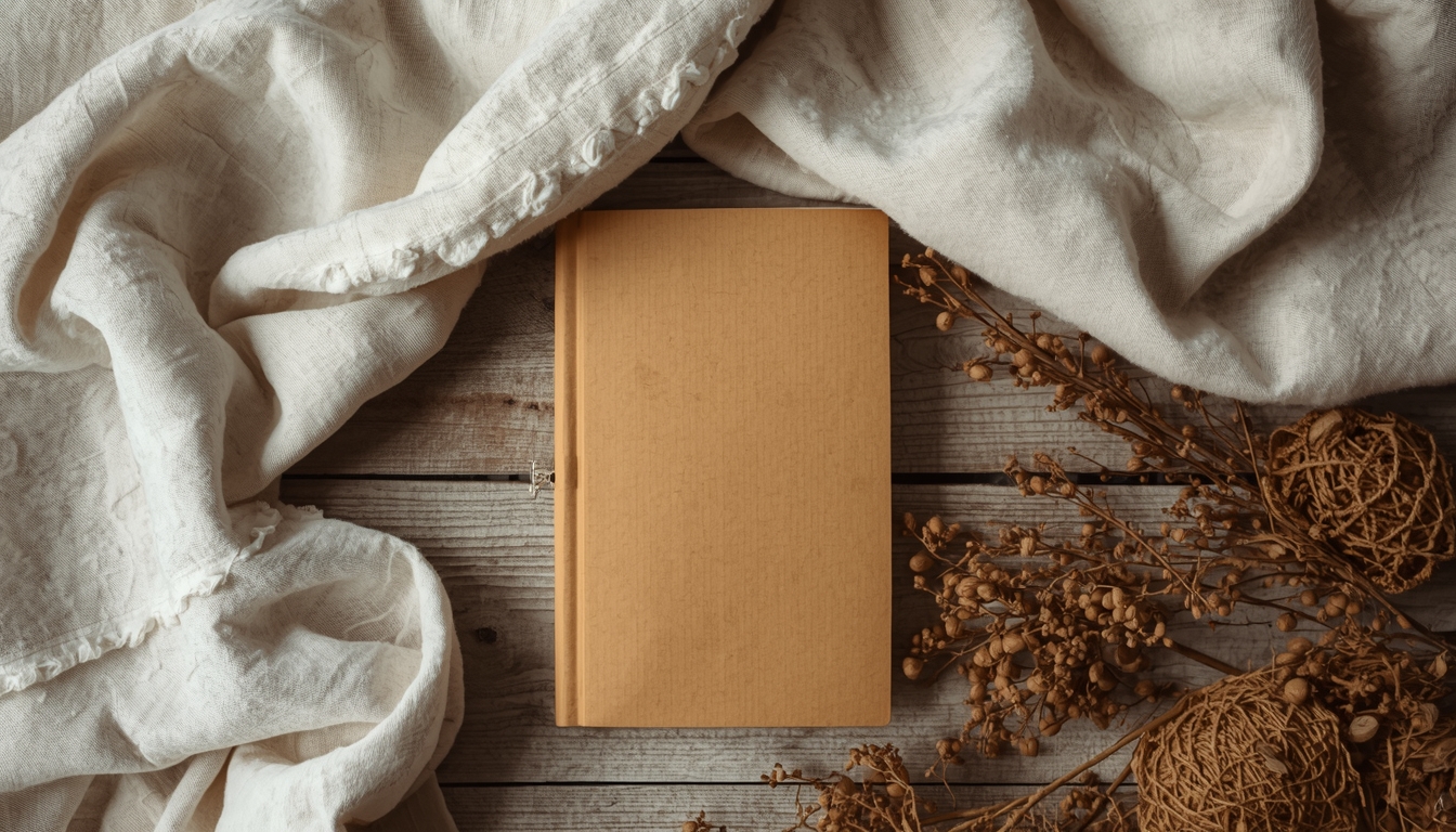 Balanced still life with soft textiles and a closed journal on a wooden surface