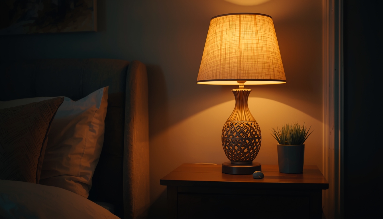 Evening interior with warm lamp glow and a tidy side table